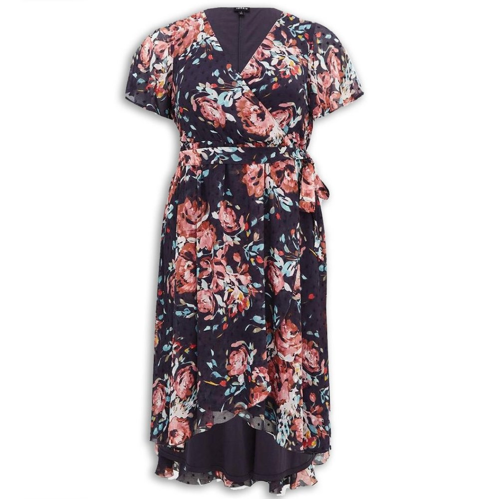 Torrid Faux Wrap Floral Dress with Swiss Dot Detail, Size 1X